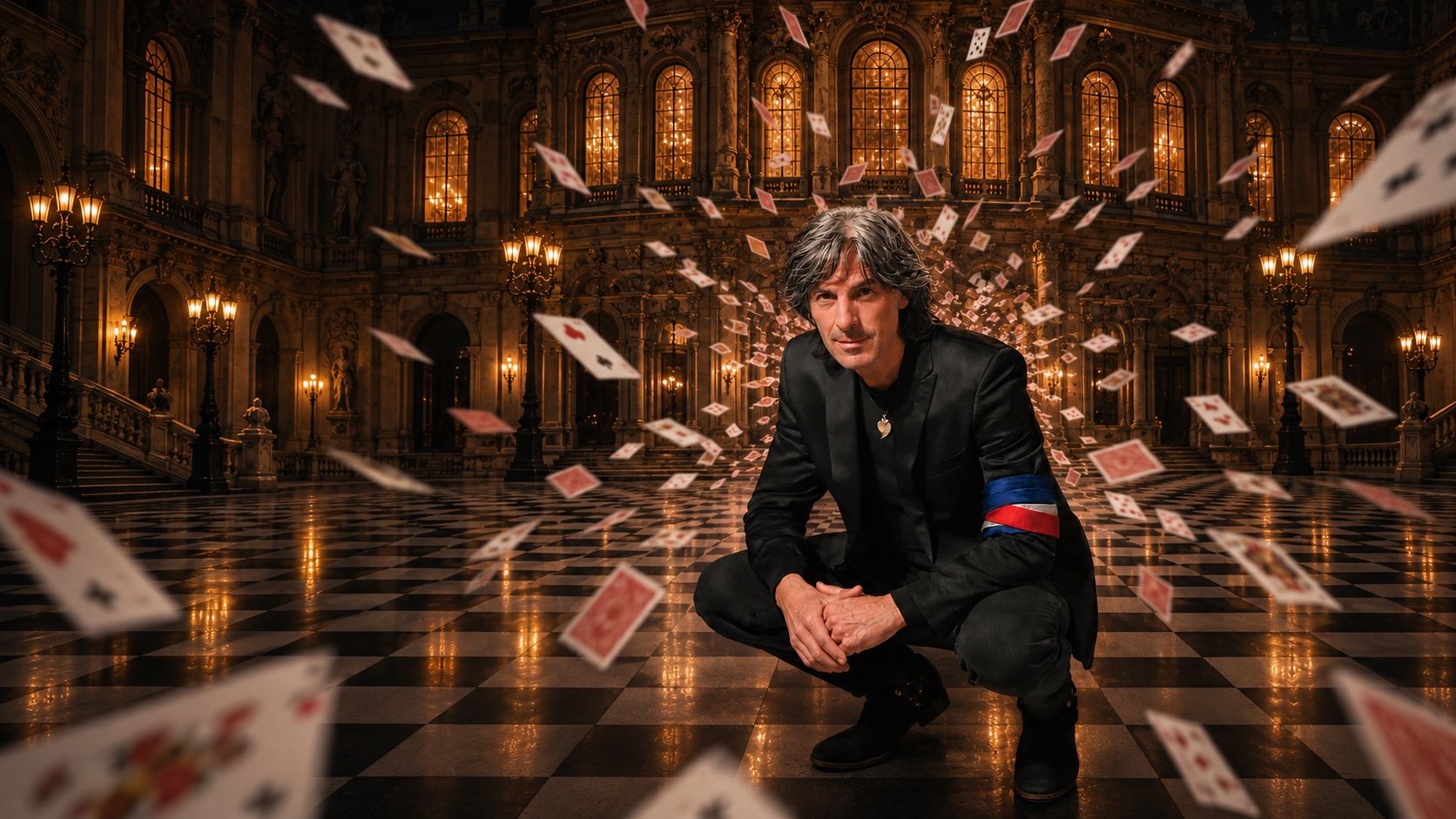 Antonio Casanova in un palazzo illuminato, circondato da carte da gioco